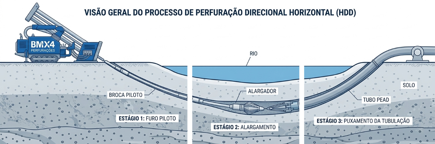 Diagrama das três etapas do HDD: furo piloto, alargamento e puxamento da tubulação