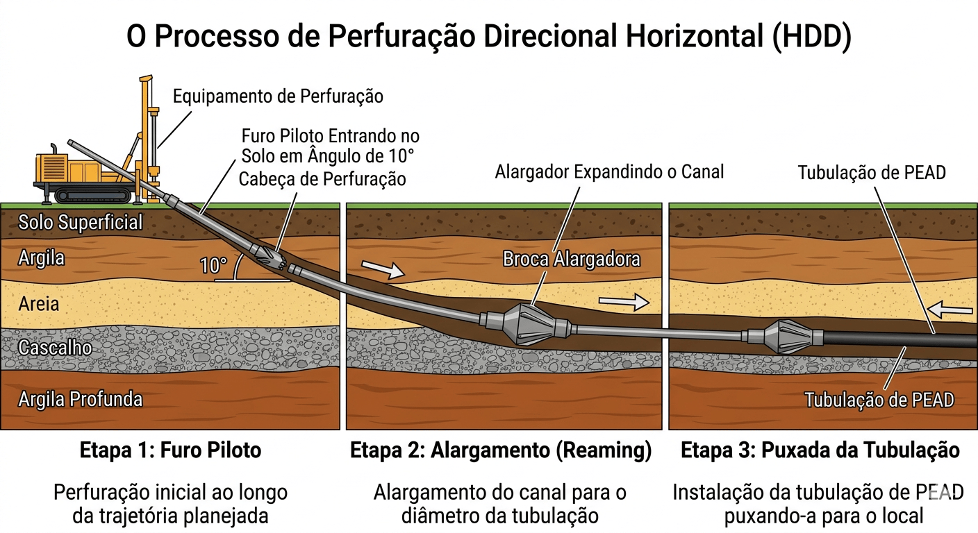 Diagrama das três etapas da perfuração horizontal direcional: furo piloto, alargamento e puxamento da tubulação