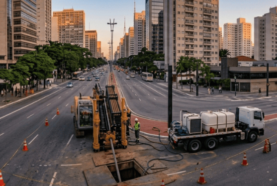 Imagem de obra com uma máquina de perfuração horizontal direcional