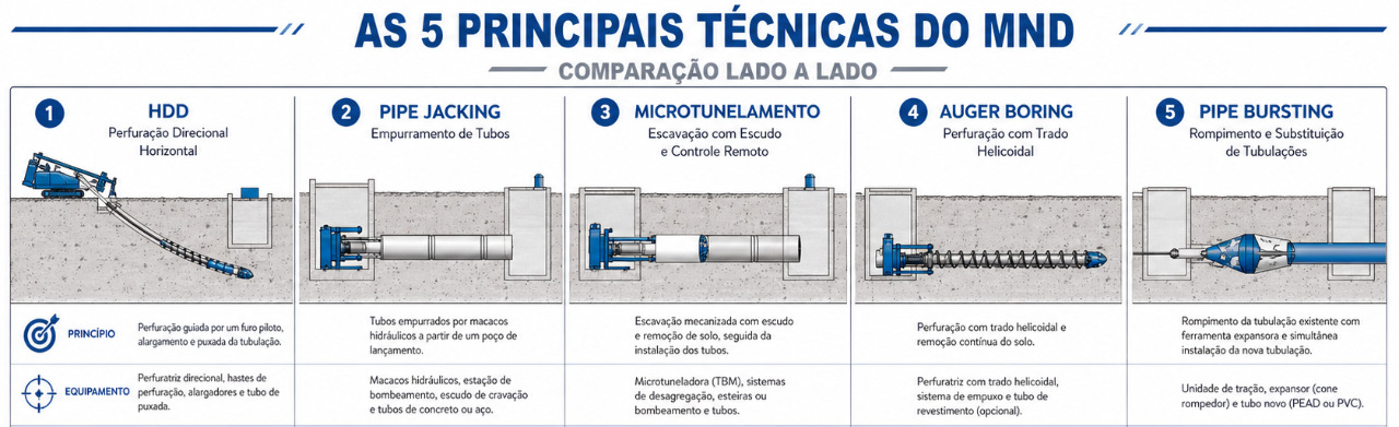 Comparativo das principais técnicas do método não destrutivo: HDD, pipe jacking, microtunelamento, auger boring e pipe bursting